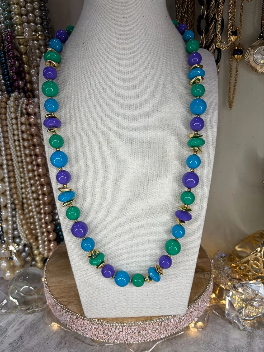 Set of 2 Vintage Lucite Necklaces Blue Green Retro Chunky Beaded Jewelry